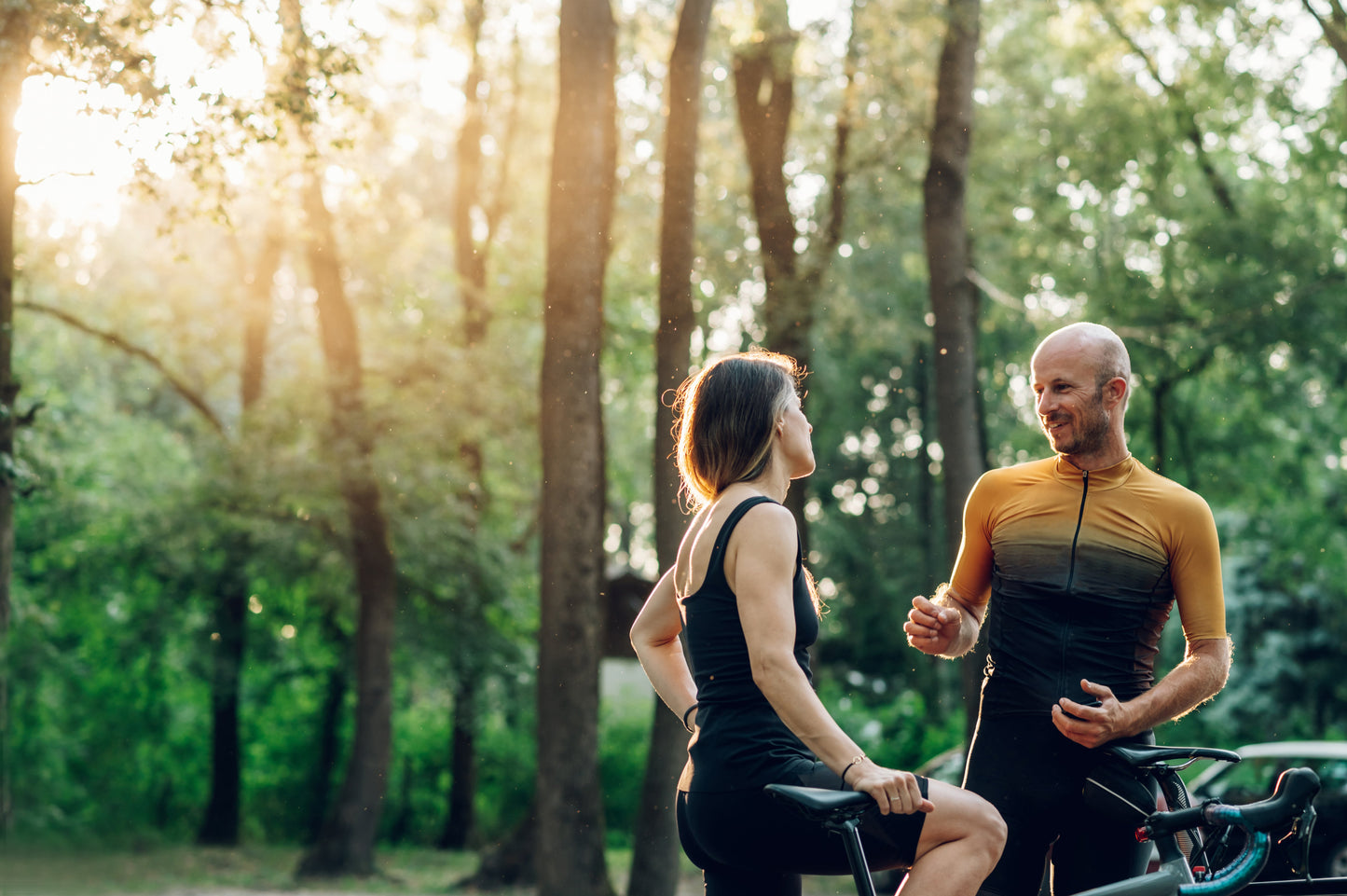 couple talking in the forest