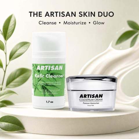 The Artisan Kefir Cleanser and Colostrum Cream together.